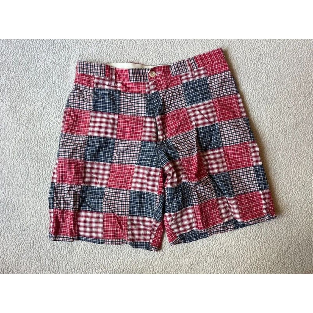 2010s Nautica Red & Blue Plaid Patchwork Cotton Shorts Relaxed Fit Mens 34